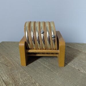 Vintage Wooden Coaster Set 70s Brass Decor